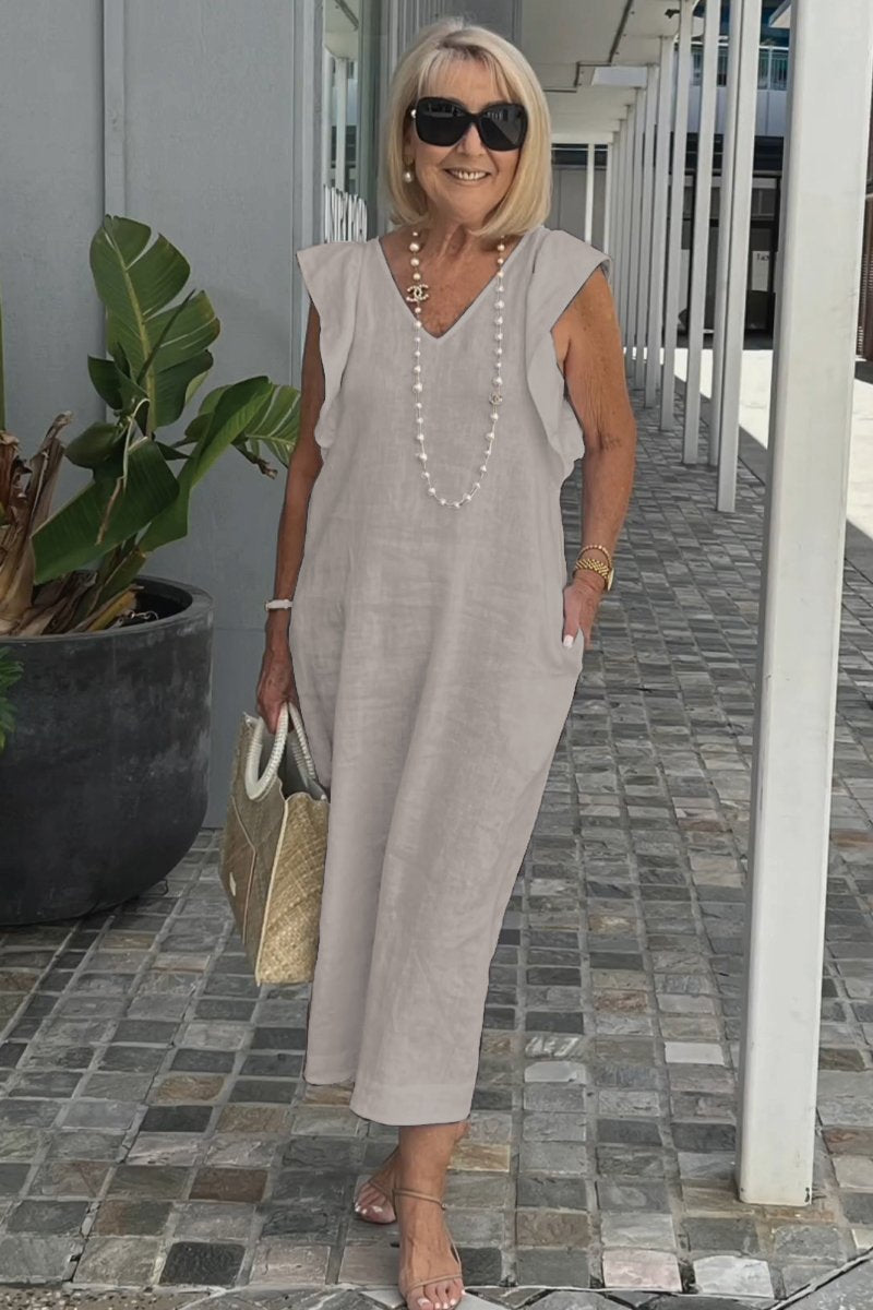 Damen Leichtes Maxikleid mit V-Ausschnitt und seitlichen Taschen EB