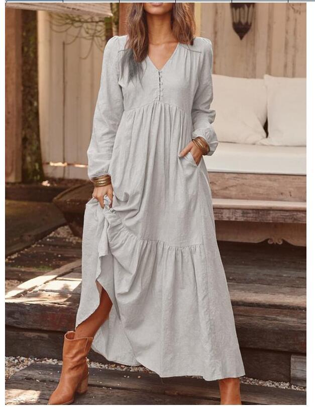 Damen nan luftiges Maxikleid mit V-Ausschnitt, Langarm und Eingrifftaschen EB