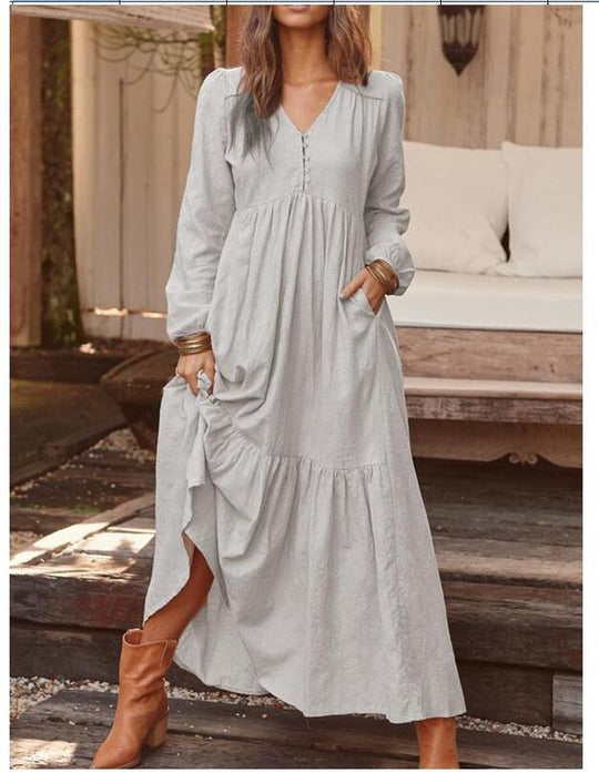 Damen nan luftiges Maxikleid mit V-Ausschnitt, Langarm und Eingrifftaschen EB