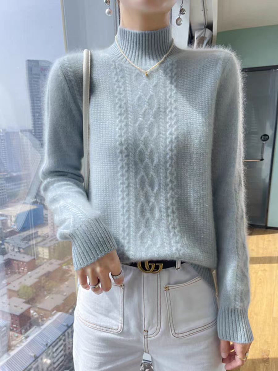 Damen Strickpullover mit elegantem Zopfmuster und hoch geschlossenem Kragen EB