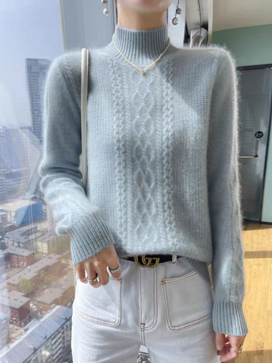 Damen Strickpullover mit elegantem Zopfmuster und hoch geschlossenem Kragen EB