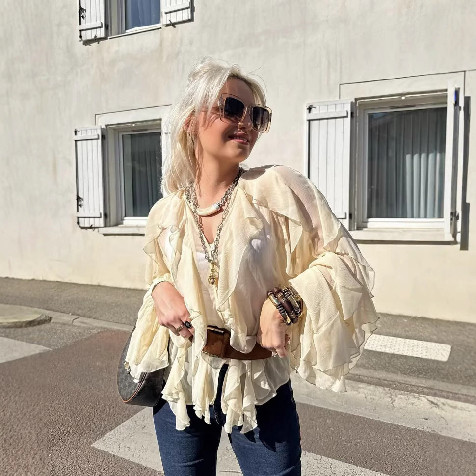 Damen nan feminine Chiffon-Volantbluse mit Ballonärmeln und V-Ausschnitt EB