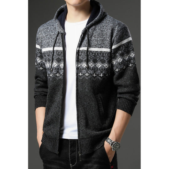 Herren gemusterte Strickjacke mit Kapuze und komfortablem Schnitt EB