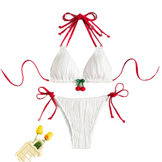 Damen Ripp-Design Triangel-Bikini mit verspieltem Kirschen-Detail EB