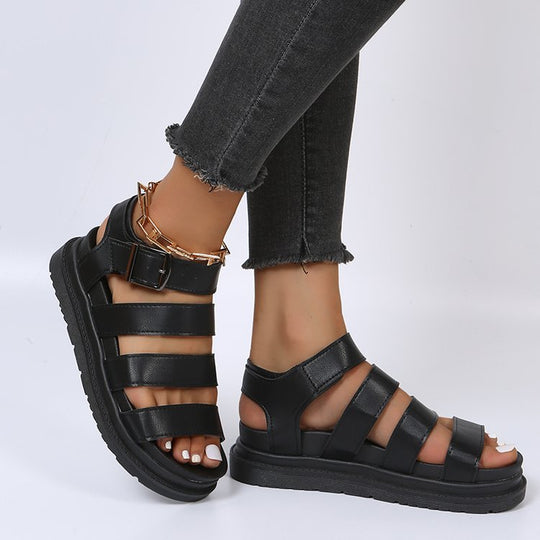 Damen Plateausandalen mit vier Riemen und verstellbarer Metallschnalle EB