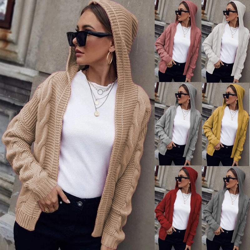 Damen Strickjacke mit Kapuze und dekorativem Kabelmuster EB
