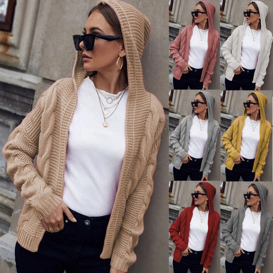 Damen Strickjacke mit Kapuze und dekorativem Kabelmuster EB