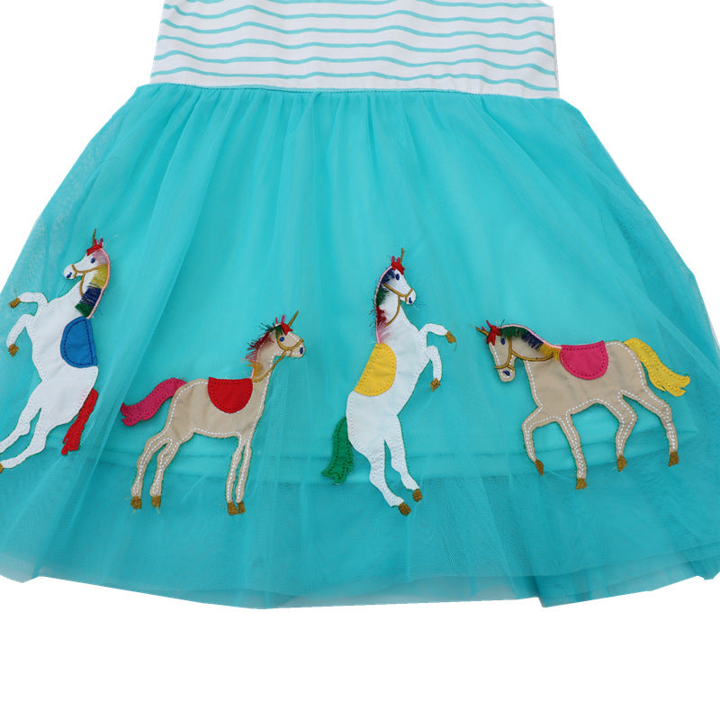 Mädchen Tüllkleid mit buntem Einhorn-Motiv und gestreiftem Oberteil EB