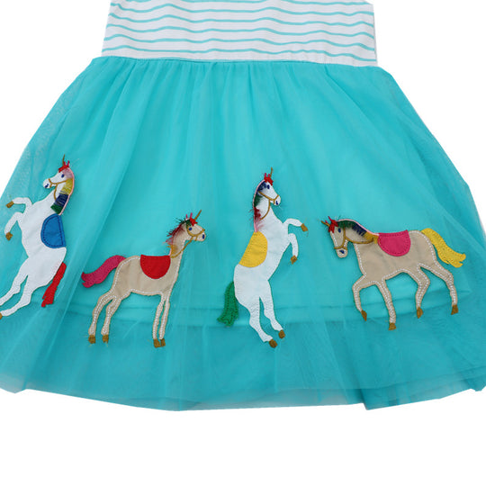 Mädchen Tüllkleid mit buntem Einhorn-Motiv und gestreiftem Oberteil EB