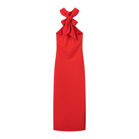 Damen Maxikleid mit verspieltem Halterneck und eleganter Schleifenbindung EB