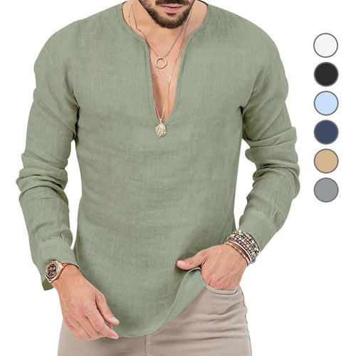 Herren legeres Langarmhemd mit modischem V-Ausschnitt EB