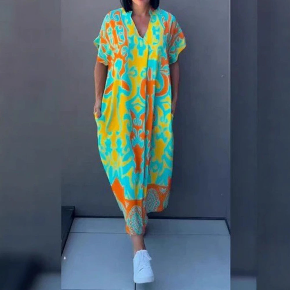 Damen Luftiges Freizeitkleid mit V-Ausschnitt und praktischen Taschen EB