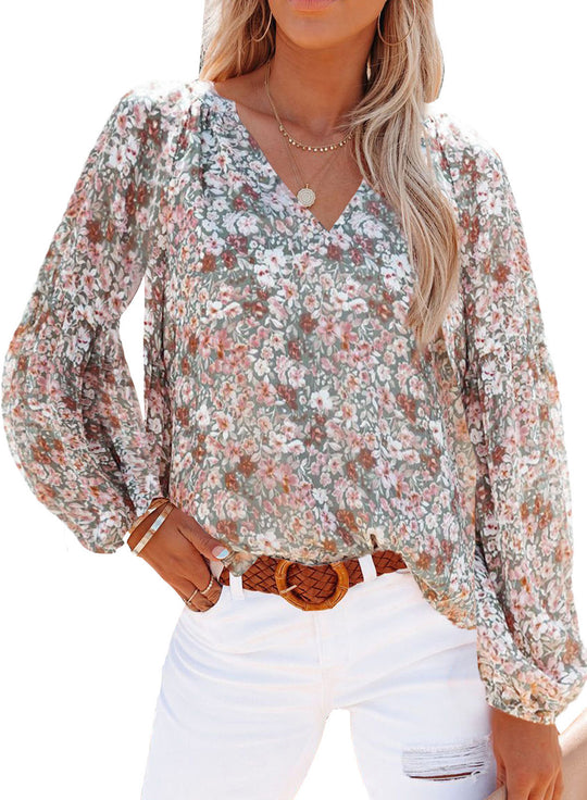 Damen Bluse mit floralen Mustern und V-Ausschnitt EB
