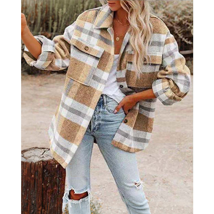 Damen Oversized Hemdjacke mit kariertem Muster und praktischen Taschen EB