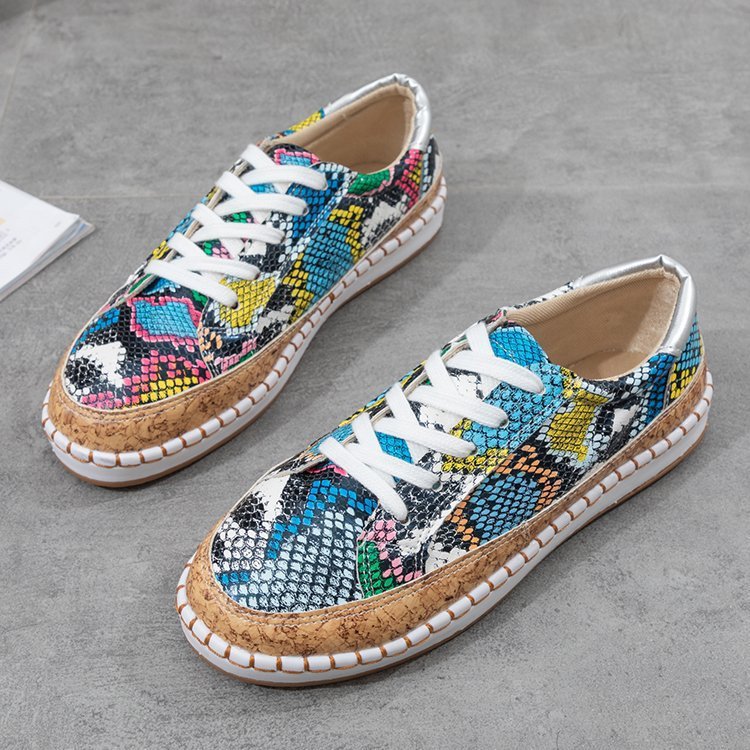 Damen Sneaker mit Korksohle und buntem Schlangenmuster EB