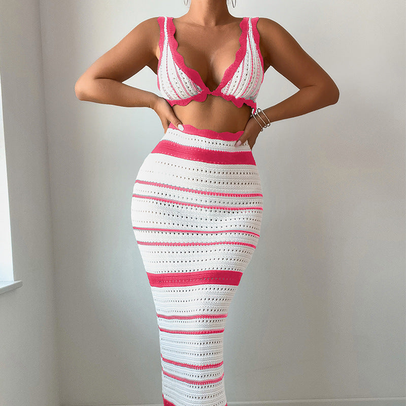 Damen Häkel-Crop-Top und Maxirock Set EB