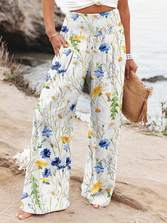 Damen Weit geschnittene Strandhose mit floralem Motiven und elastischem Bund EB