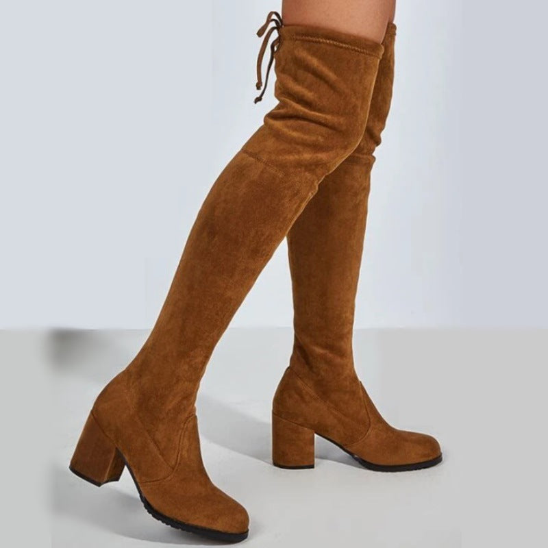 Damen Overkneestiefel mit modischem Blockabsatz und eleganter Schnürung EB