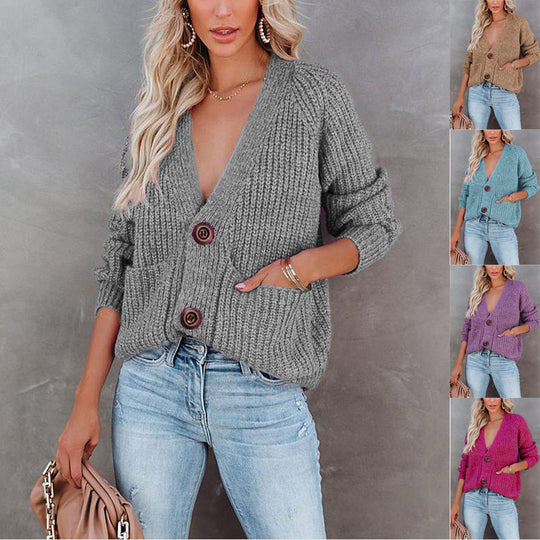 Damen Strickjacke mit tiefem V-Ausschnitt und praktischen Taschen EB