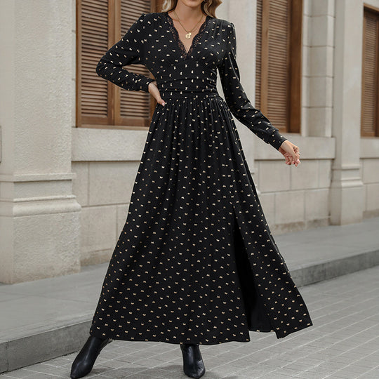 Damen Elegantes Maxi-Wickelkleid mit Spitzenbesatz, hohem Brustbund und gerafftem Volumenrock EB