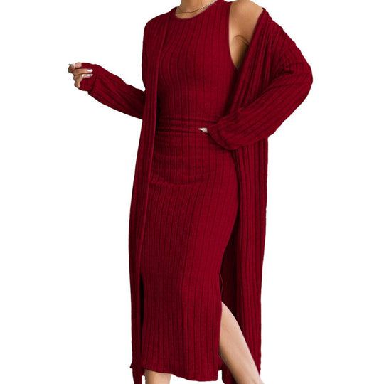 Damen geripptes Midikleid mit figurformendem Bustieroberteil hohem Seitenschlitz und passendem Longcardigan aus Feinstrick Eichborn Berlin