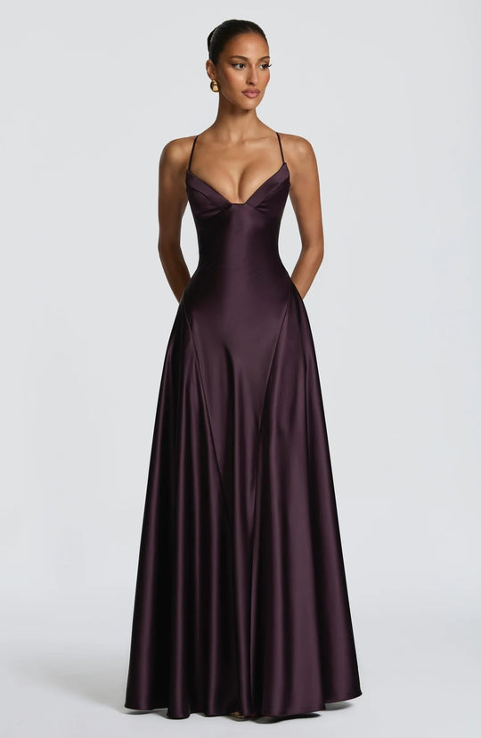 Damen elegantes Satin-Maxikleid mit raffinierten Spaghettiträgern EB