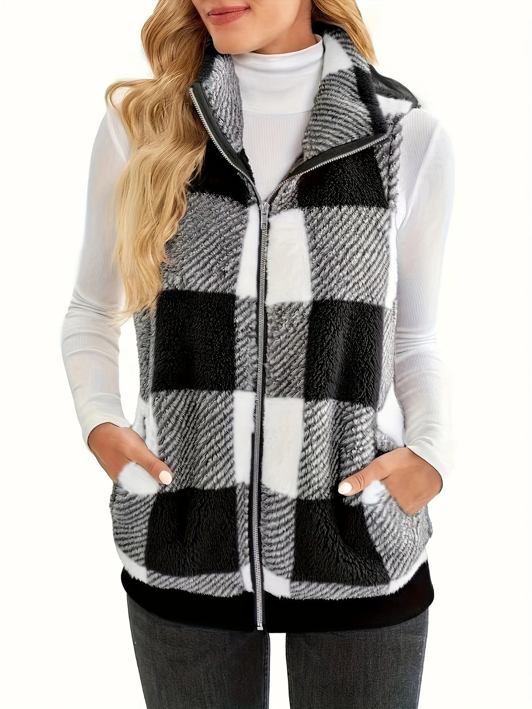 Damen Fleece-Weste mit Karomuster und praktischen Taschen EB