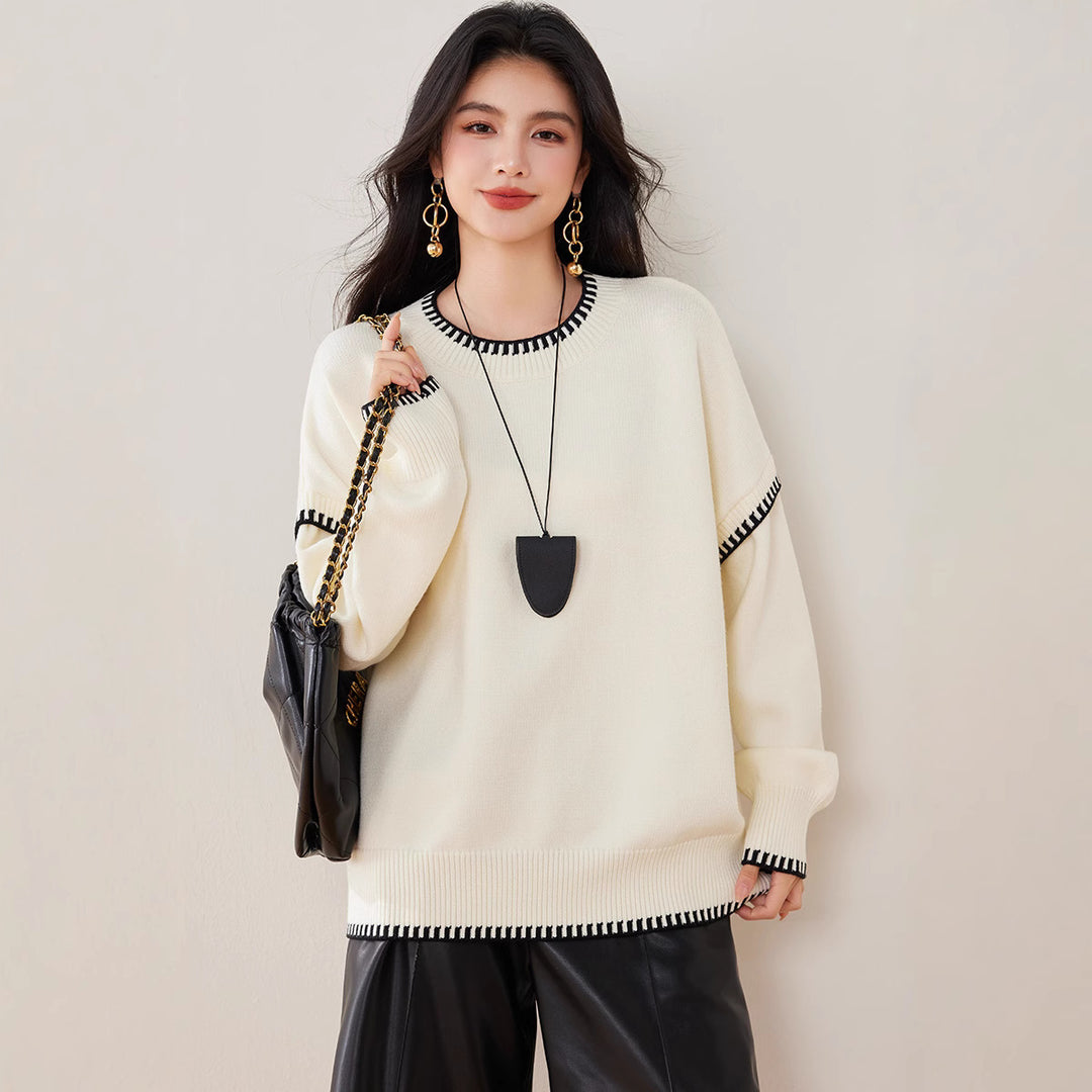 Damen Übergroßer Strickpullover mit Kontrastbündchen EB