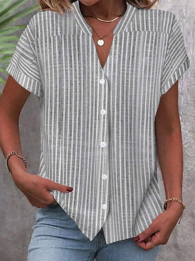 Damen Kurzarm-Bluse mit V-Ausschnitt und Streifenmuster EB