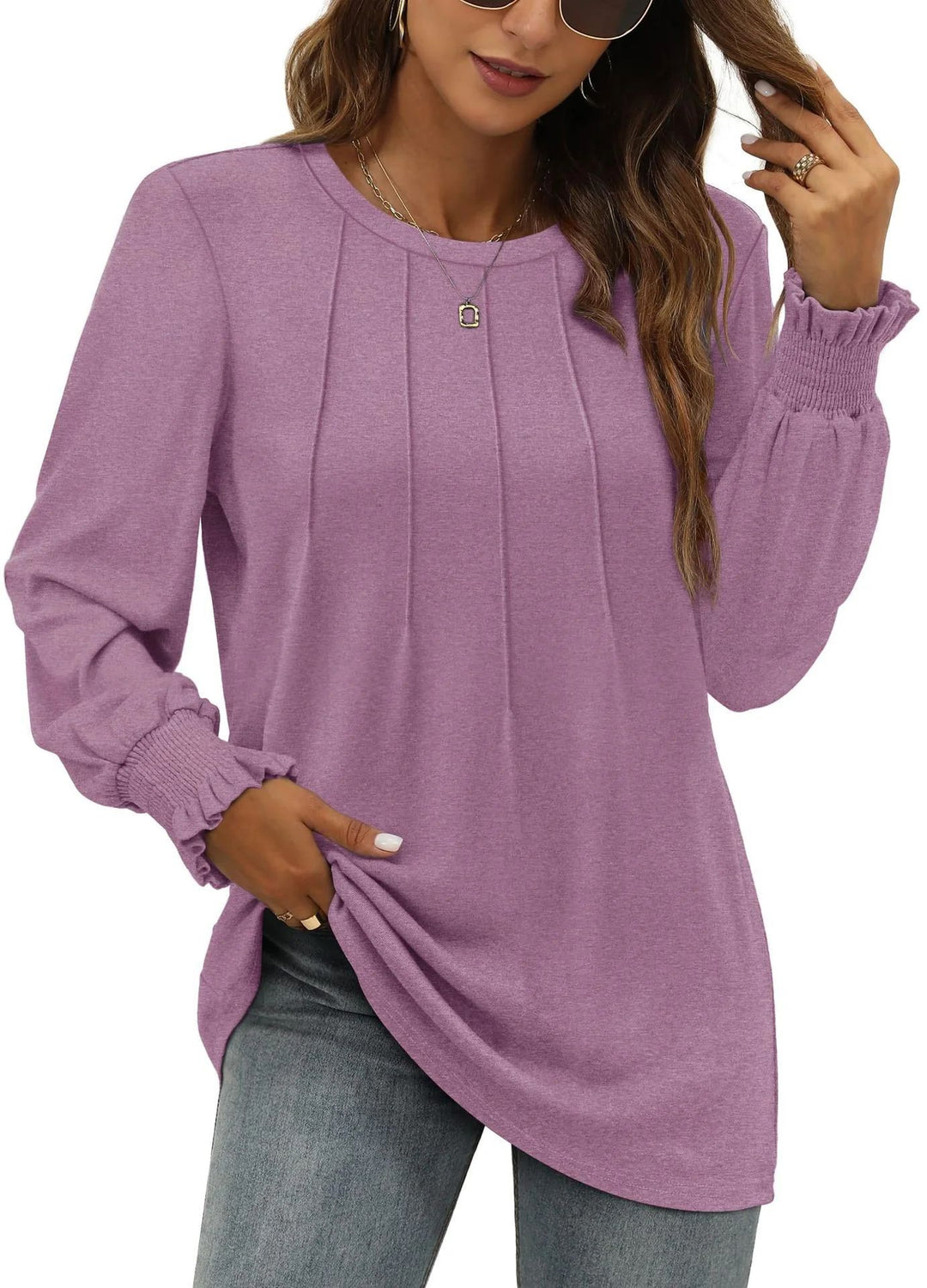Damen Longsleeve-Tunika mit senkrechten Biesen und gerafften Rüschbündchen EB