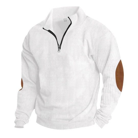 Herren nan gerippter Feinstrick-Pullover mit kurzem Reißverschluss Stehkragen und Lederoptik-Ellbogenpatches EB