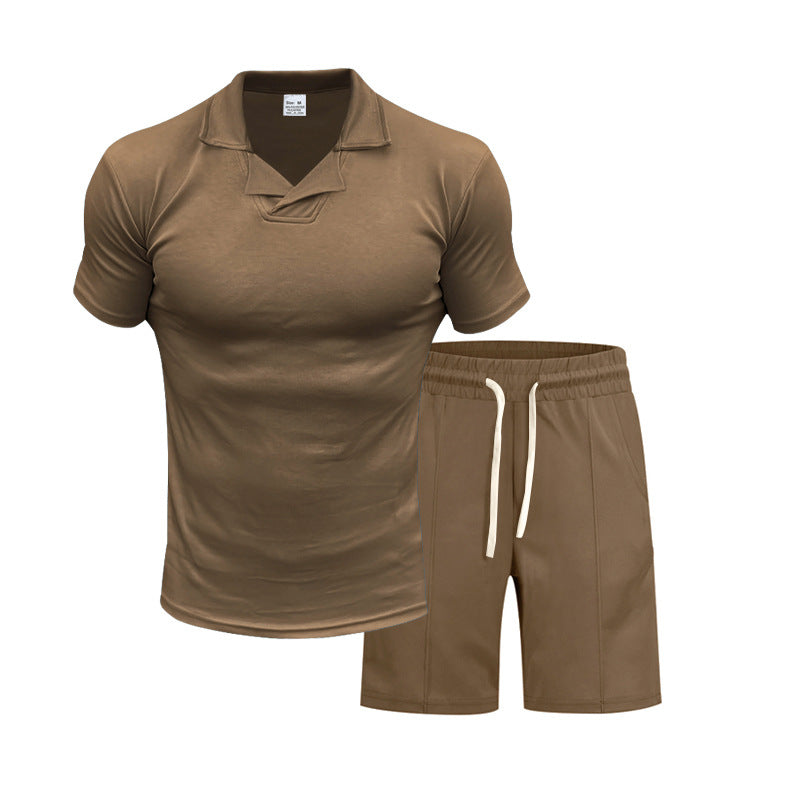Herren nan kurzärmeliges Polo-Lounge-Set mit V-Einsatz am Kragen und Kordelzug-Bermuda EB