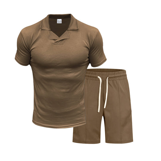 Herren nan kurzärmeliges Polo-Lounge-Set mit V-Einsatz am Kragen und Kordelzug-Bermuda EB
