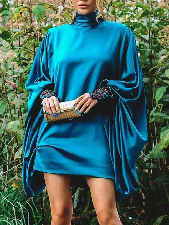 Damen modisches Übergröße Minikleid mit voluminösen Ärmeln und elegantem Stehkragen EB