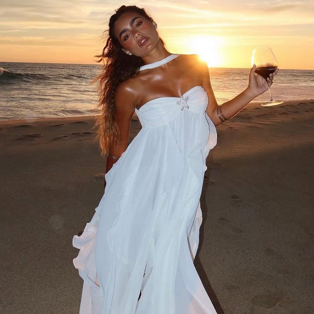 Damen Abendkleid mit fließendem Rock und verspielten Rüschen EB