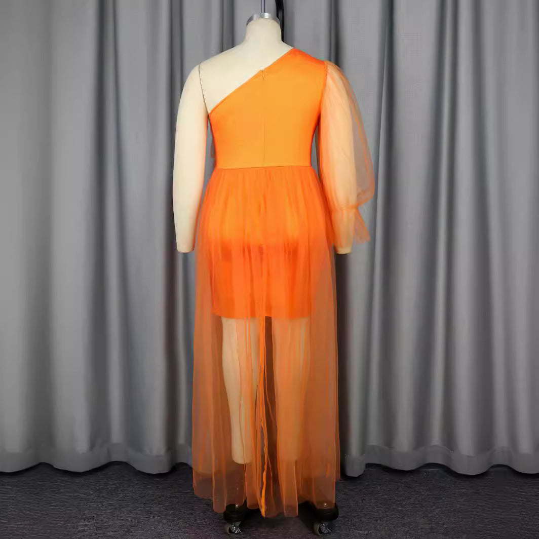 Damen elegantes One-Shoulder Kleid mit transparentem Tüllüberwurf EB