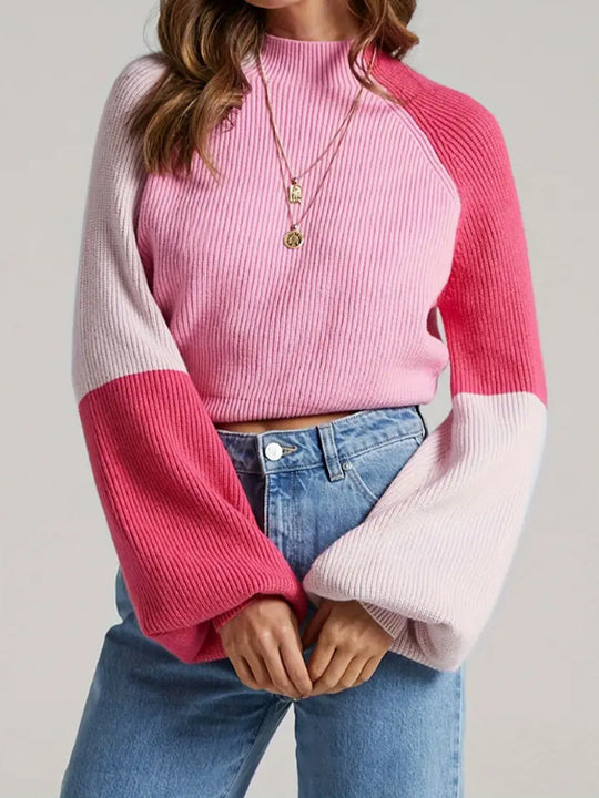 Damen Strickpullover mit weitem Arm und innovativem Farbblockdesign EB
