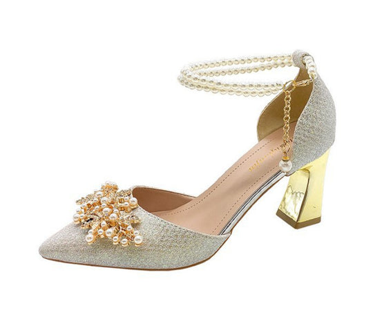 Damen elegante Pumps mit Perlenschmuck und glitzerndem Absatz EB