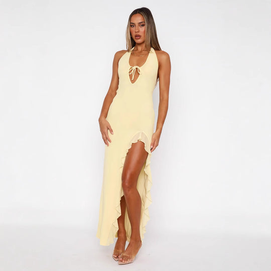 Damen Maxi-Kleid mit Halterneck und asymmetrischen Rüschendetails EB