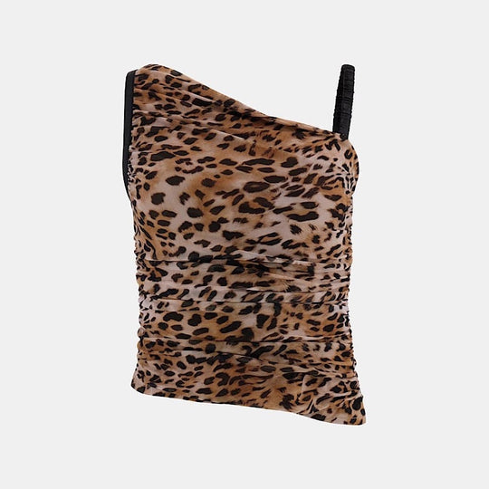 Damen Asymmetrisches Top mit Leopardenmuster und raffinierten Rüschen EB