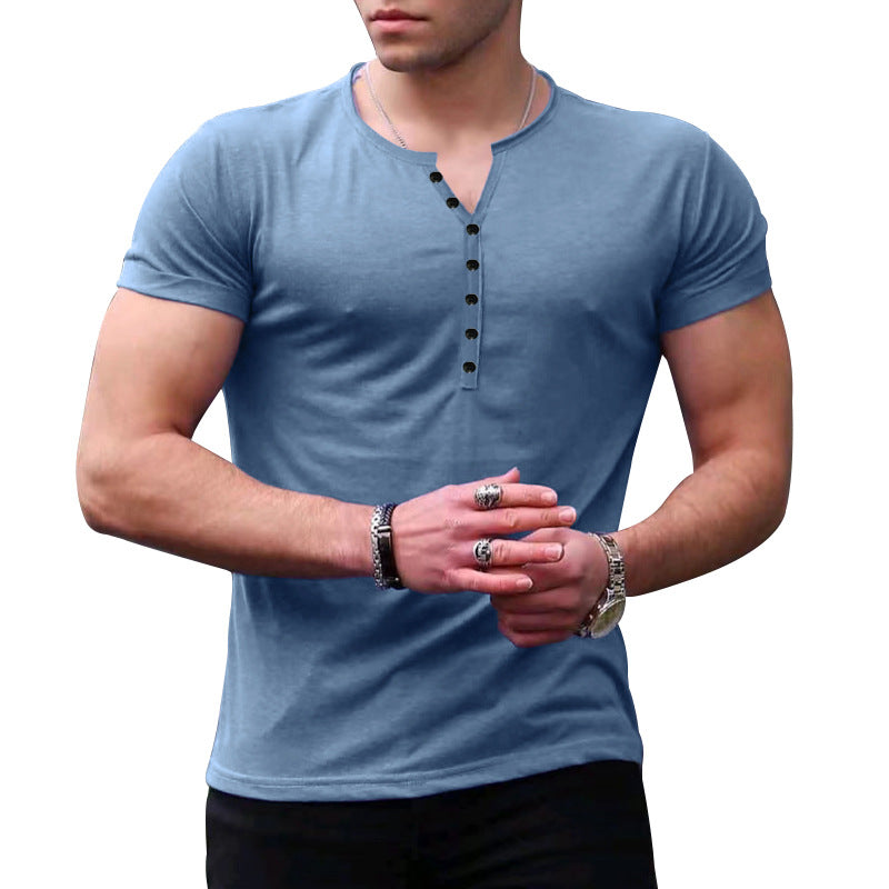 Herren Kurzarm-Henley-T-Shirt mit Knopfleiste und weichem Baumwollmaterial EB