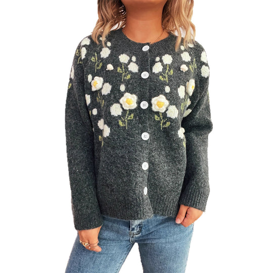 Damen Strickjacke mit floralem Design und Knopfverschluss EB