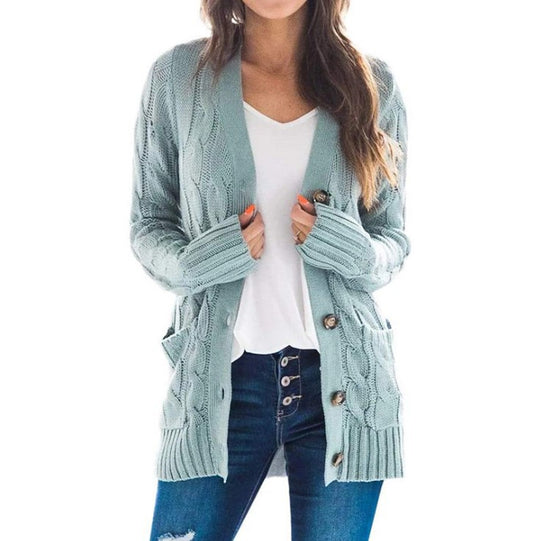 Damen Strickjacke mit Kabelmustern und großen Knöpfen EB