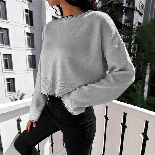 Damen lässiger Strickpullover mit geripptem Saum und überschnittenen Schultern EB