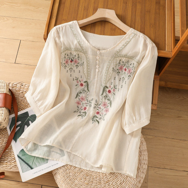 Damen Blusenshirt mit floralem Stickdesign und knöpfbarem Ausschnitt EB