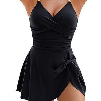 Damen Einteiliger Badeanzug mit elegantem Wickeldesign und modischem Rock EB