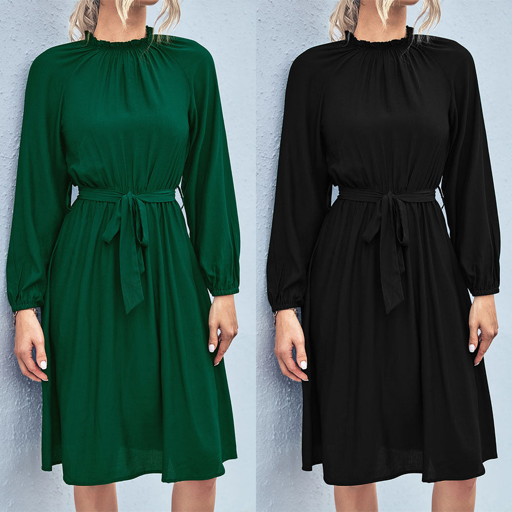 Damen Midi-Kleid mit elastischem Taillengürtel und femininen Puffärmeln EB