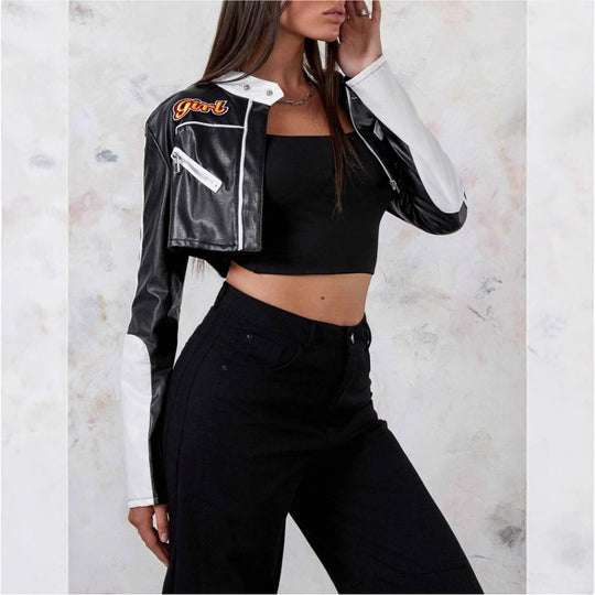 Damen modische cropped Kunstlederjacke EB