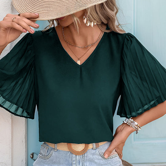 Damen Kurzarm Bluse mit plissierten Ärmeln und V-Ausschnitt EB