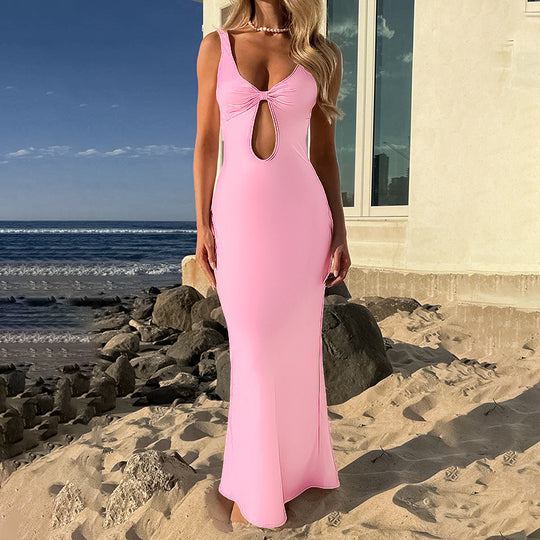 Damen figurbetontes Maxikleid mit tiefem V-Ausschnitt und Cut-Out EB